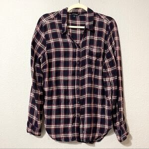 Lucky Brand Blue & Red Plaid Button Down Shirt Blouse Button Detail Back L